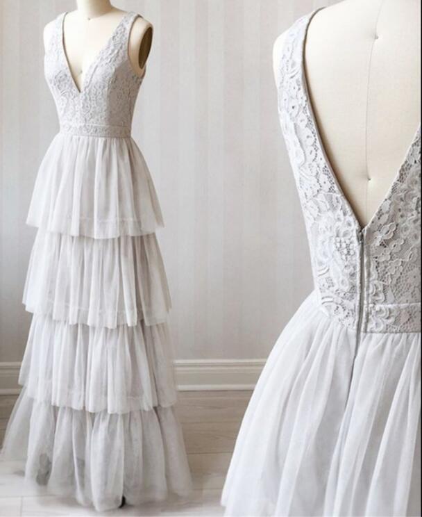 A Line V Neck Gray Lace Prom Dresses, V Neck Gray Lace Formal Graduation Bridesmaid Dresses cg13773