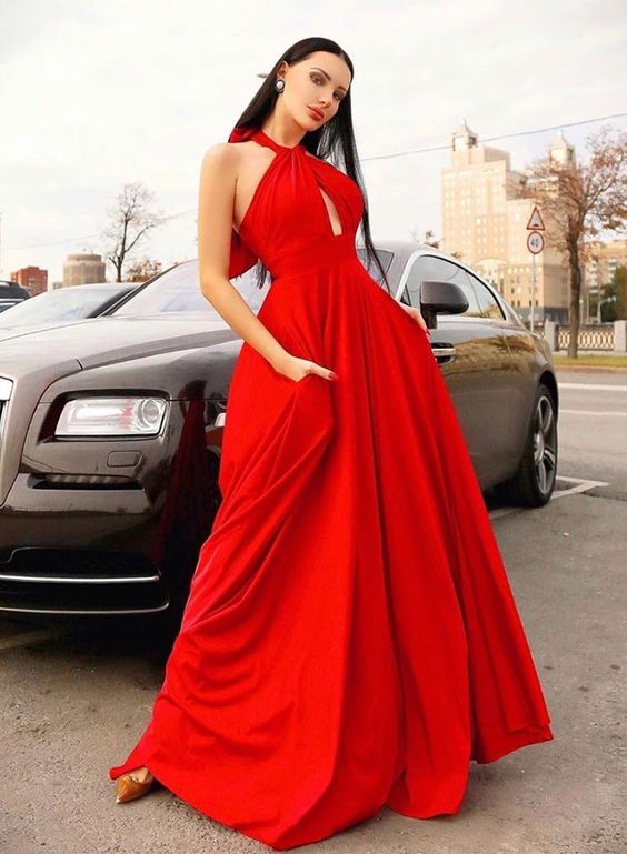 Red Hanging Neck Open Back Long Prom Dress, Bridesmaid Dress cg13780