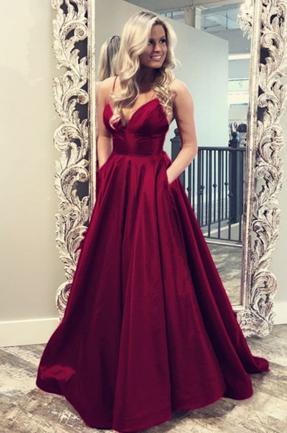 Spaghetti Straps V Neck Long Prom Dress With Pockets cg14492