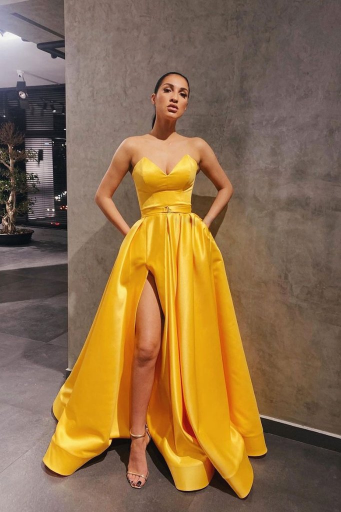YELLOW SATIN LONG PROM DRESS SIMPLE YELLOW BRIDESMAID DRESS cg13640