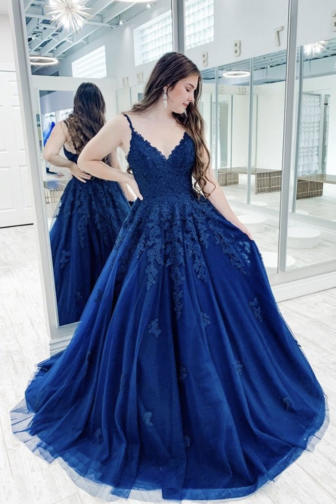 Blue v neck tulle lace long prom dress blue tulle bridesmaid dress cg14995
