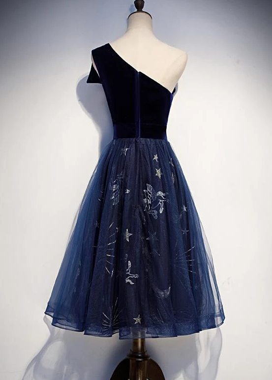 Elegant Navy Blue One Shoulder Bridesmaid Dress, Blue Wedding Party Dresses Prom Dress cg15009