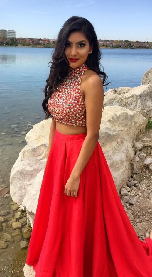 Two-piece Beads Prom Dress,Cheap Prom Dress,Sexy Prom Dress,High-neck Red Prom Dress cg15112