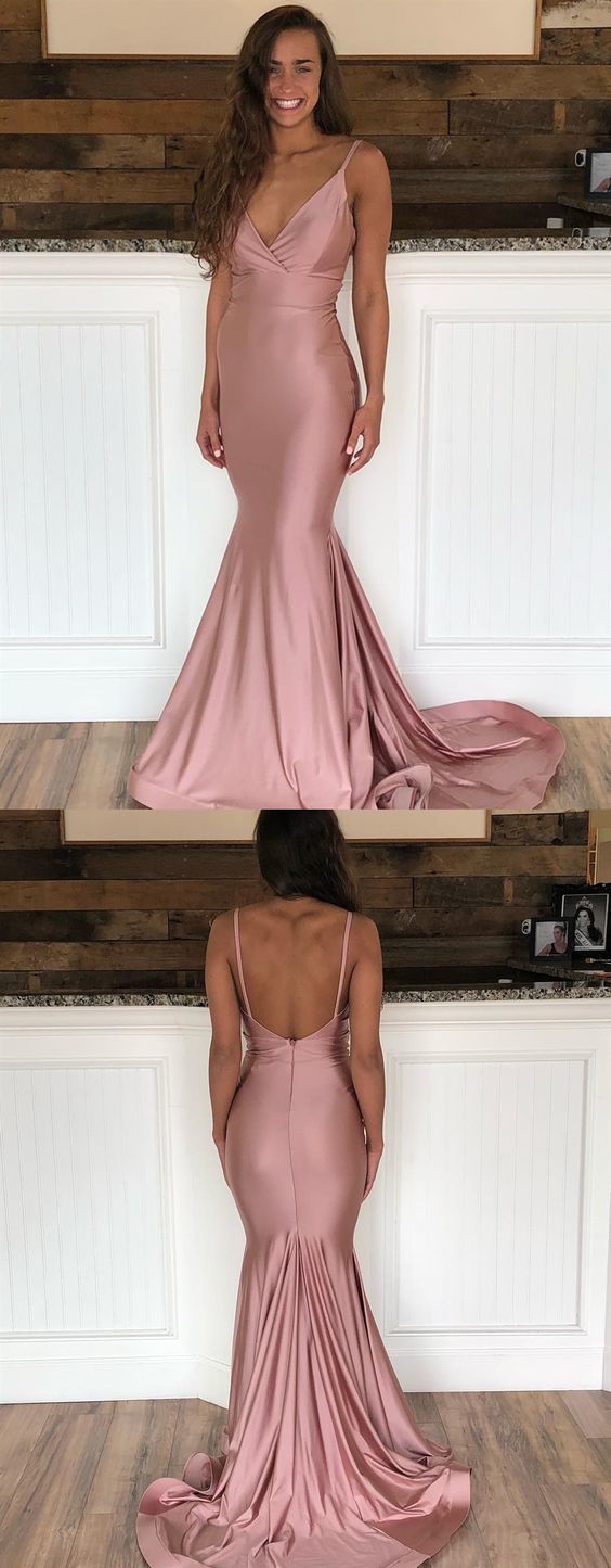 V Neck Mermaid Dusty Pink Prom Dresses with Train cg15188