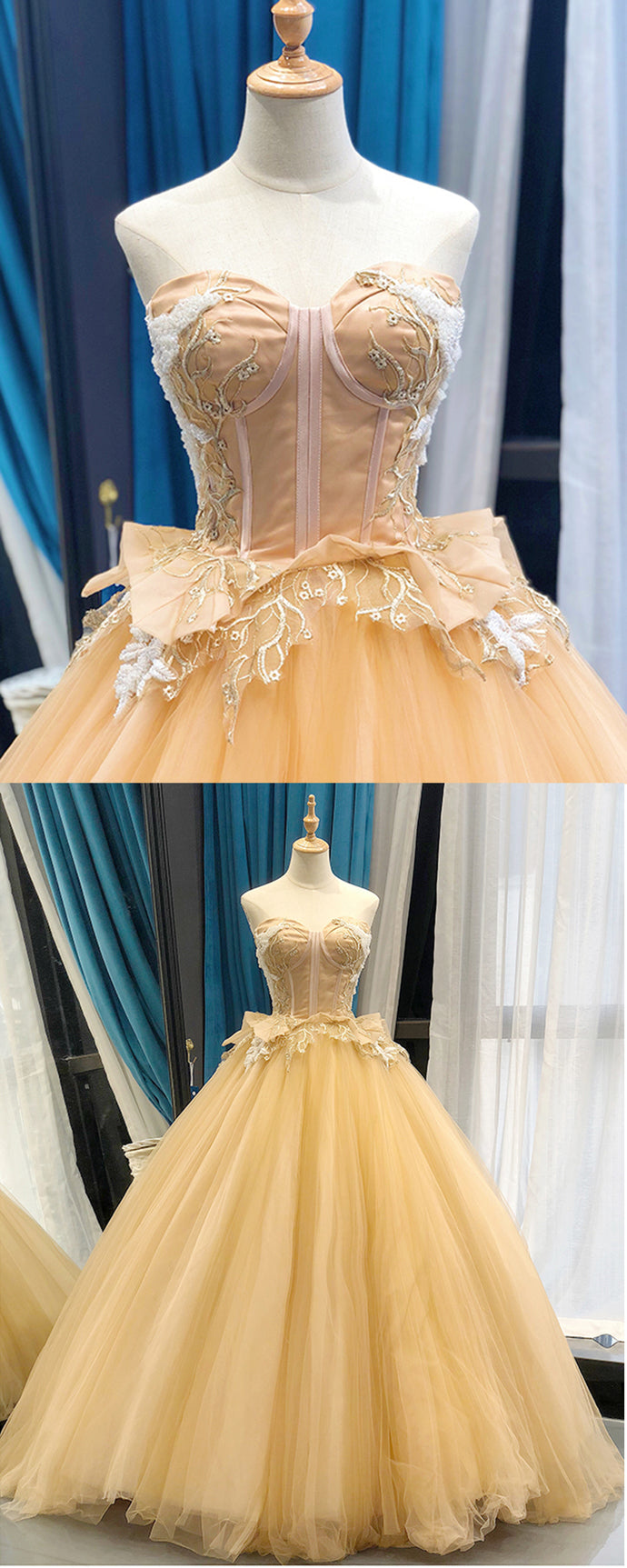 Yellow Tulle Sweetheart Neck Lace Applique A Line Sweet 16 Prom Dress, Quinceanera Dress cg15345