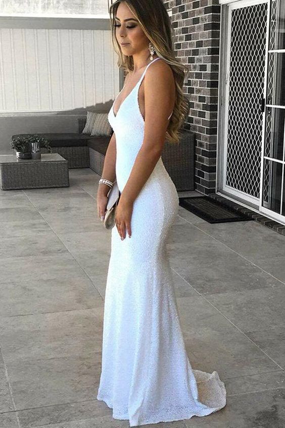 White Sequin Deep V Neck Backless Long Mermaid Prom Dresses Formal Evening Party Dress cg15400