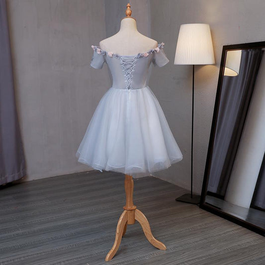Light Grey Tulle Short Prom Dress With Flowers, Grey Homecoming Dress Graduation Dress cg15747