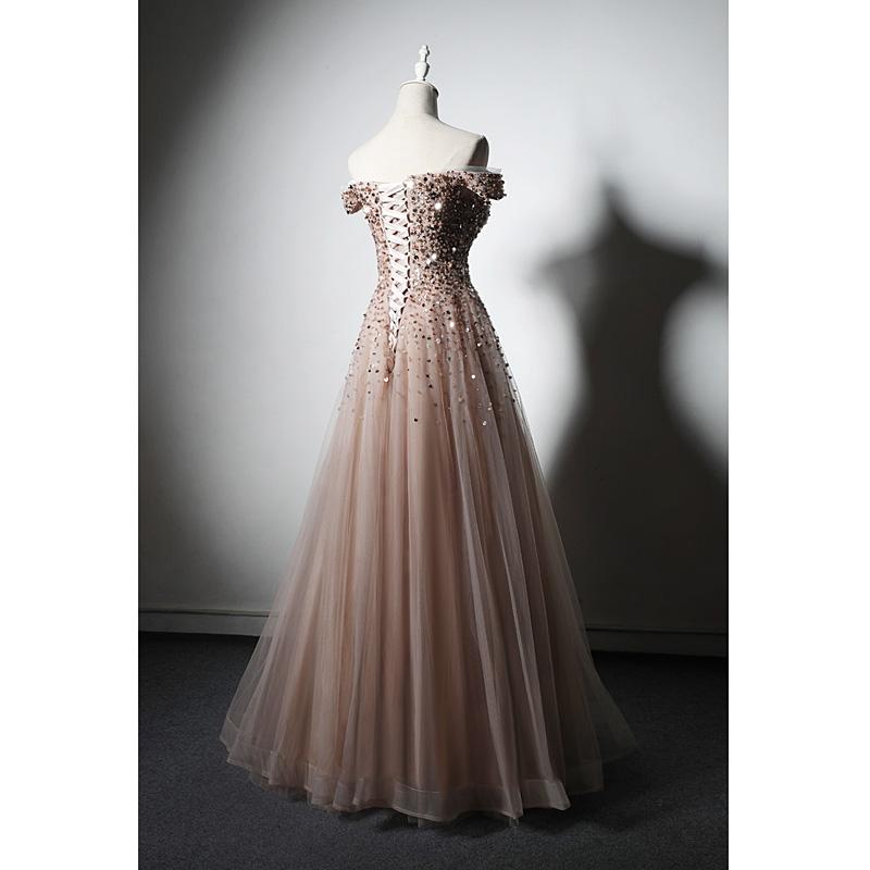 Sparkle Champagne Tulle Long Prom Gown, Off Shoulder Sequins Party Dress cg15813