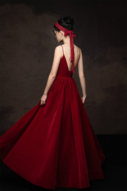 SIMPLE V NECK BURGUNDY LONG PROM DRESS BURGUNDY BRIDESMAID DRESS cg15886