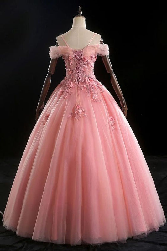 Pink Ball Gown Off Shoulder Prom Dress with Flowers cg15902