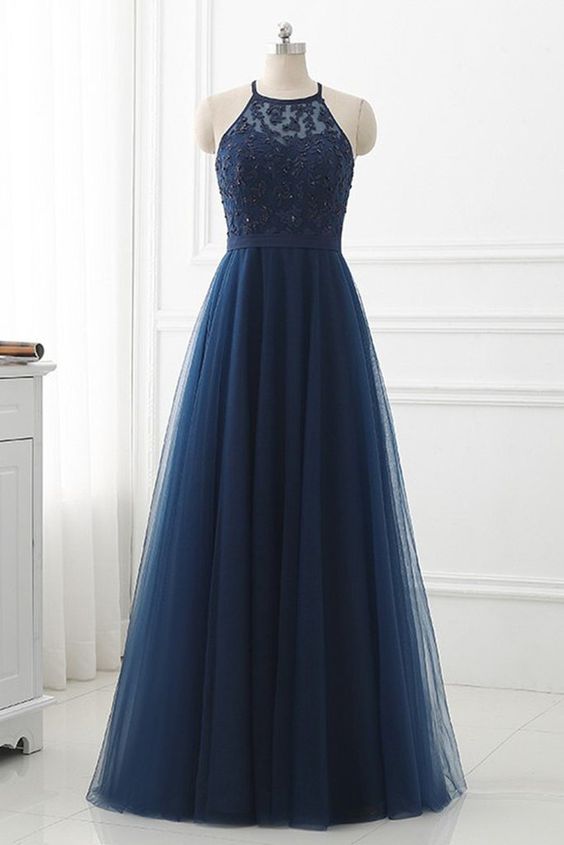 Navy Blue Lace Strapless Long Prom Dress, Tulle Bridesmaid Dress cg15915