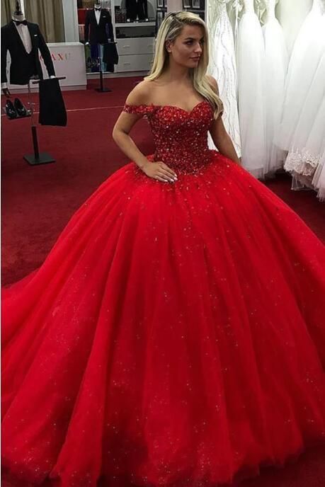 Sparkly Red Ball Gown Sweetheart Off Shoulder Prom Dress with Sequi cg16003