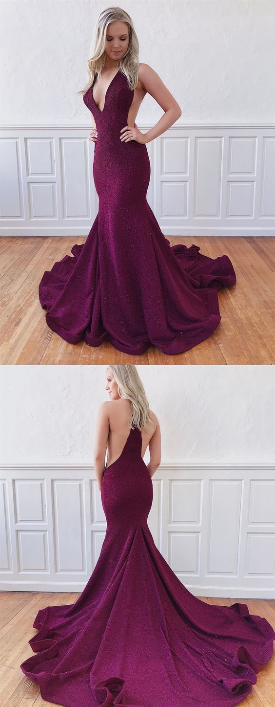 Shiny V Neck Mermaid Open Back Purple Prom Dresses cg16286
