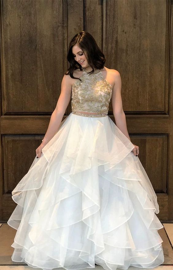 Two Pieces Prom Dress, Tiered Prom Dress cg16304