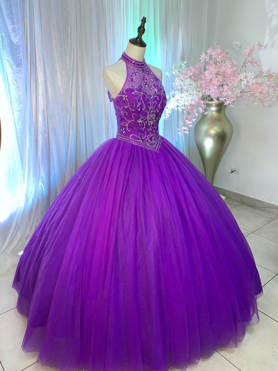 Halter Purple Prom Dress , Tulle Prom Dress cg16322