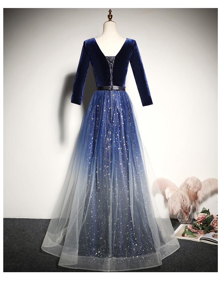 Blue Gradient Tulle With Velvet Long Sleeves Bridesmaid Dress, Long Prom Dress cg16386
