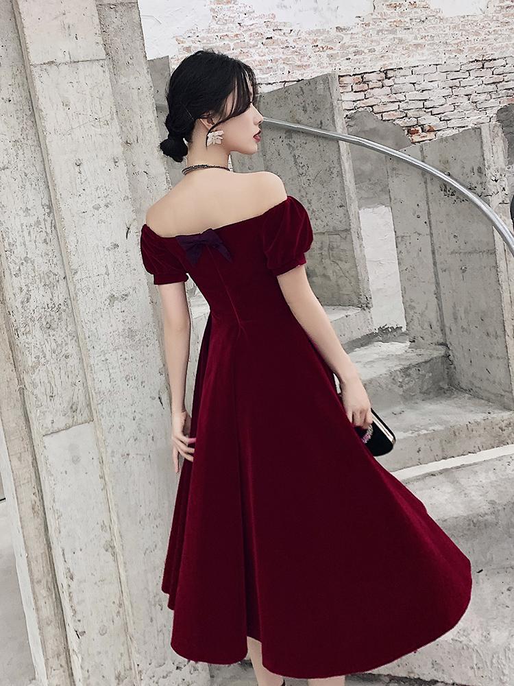 Wine Red Short Velvet Evening Dresses, Off Shoulder Prom Dresses Bridesmaid Dress cg16388