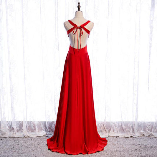 Chic Red Satin Beaded Floor Length Long Party Dress, Red Formal Dress 2021 Prom Dresses Bridesmaid Dress cg16389