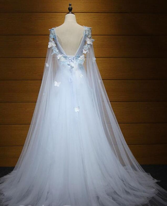 Light Blue Princess V Neck Low Back Tulle Prom Dress, Blue Evening Dress Party Dress cg16640