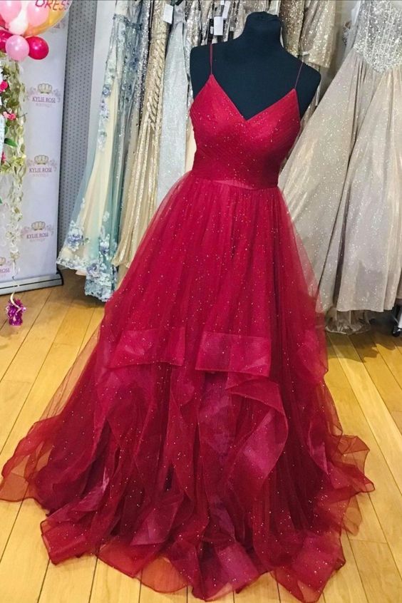 wine red shiny tulle long prom dress birthday dress, prom dress 2021 cg16677