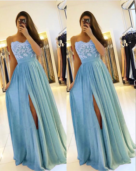 light blue bridesmaid dresses chiffon split evening gown lace appliques Prom Gown cg16741