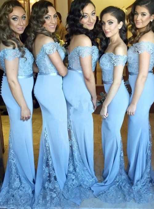 Blue Mermaid Satin Off the Shoulder Lace Appliques Bridesmaid Dress prom dress cg16832