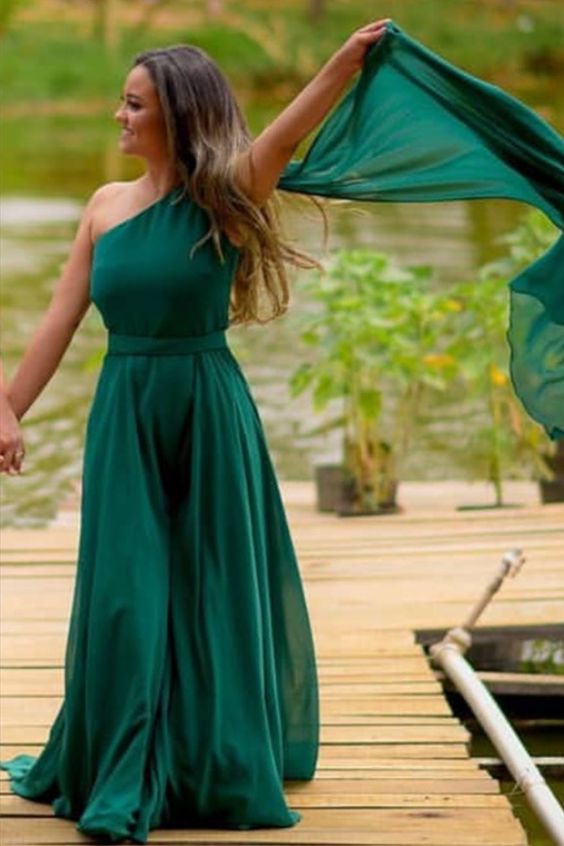 Green Chiffon Bridesmaid Dresses One Shoulder prom dress cg16833