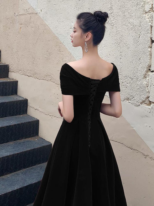 Black Velvet Elegant Lace-Up Prom Dress, Black Off Shoulder Prom Dress cg16924