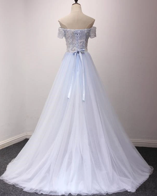 Light Blue Off Shoulder Flowers High Low Party Dress, Tulle Formal Dress Prom Dress cg17055
