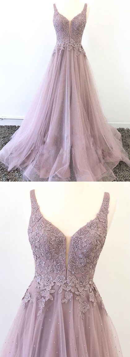 Beautiful Purple Prom Dresses Deep V Neck with Appliques Beading cg1712