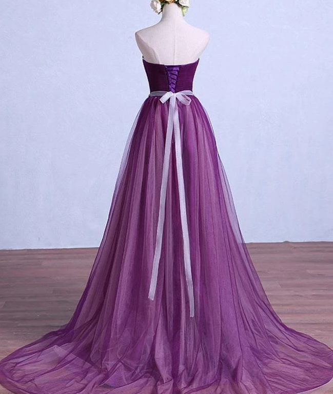 Purple Tulle Sweetheart Long Wedding Party Dress With Belt, Purple Prom Dress Bridesmaid Dress cg17332