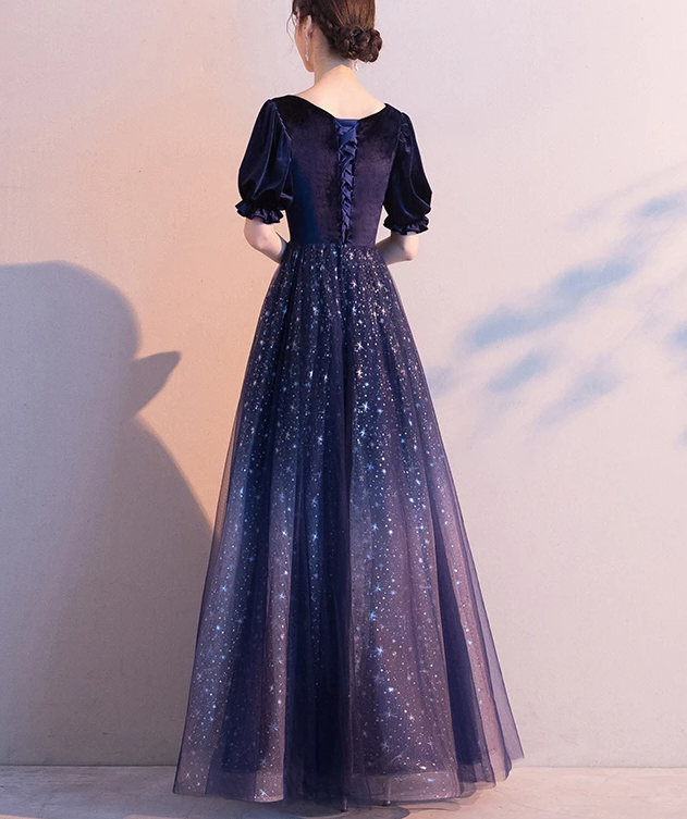 Sparkle Tulle With Velvet Short Sleeves Long Formal Dress prom dress cg17588