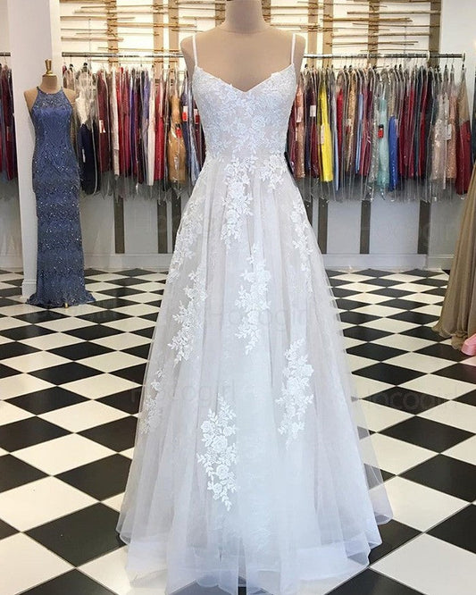 Spaghetti Straps White Appliqued Tulle Pleated Prom Dress cg17652