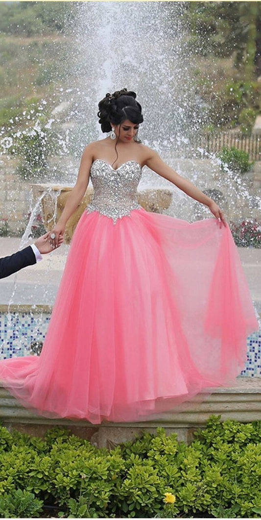 Spakling Crystals Pink Sweetheart Tulle Floor Length Prom Dress cg17725