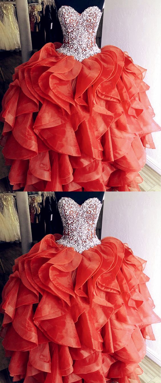 Unique Orange Quinceanera Dresses Crystal Beaded Sweetheart Corset Organza Ruffles Prom Dress cg18251