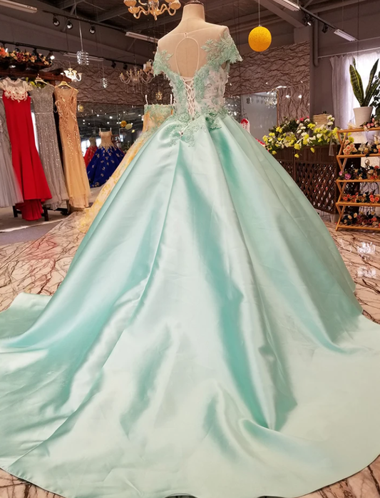 light green a-line cheap evening dress short sleeve lace up back satin dress prom gowns, graduation party dresses cg18273