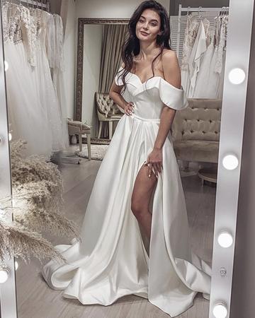 SEXY WEDDING DRESS SATIN SPLIT OFF SHOULDER PROM DRESS cg18332