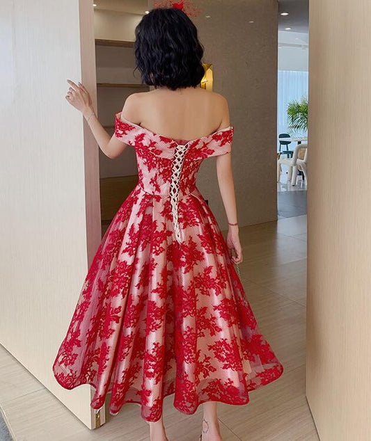 Red Lace Off Shoulder Tea Length Bridesmaid Dress, Lace Party Dress Prom Dress cg18387