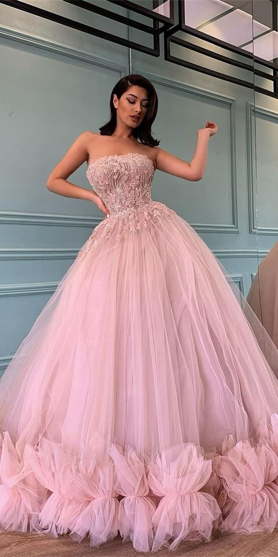 Strapless Pink Tulle Beaded Prom Dresses, A-line Ball Gown Quinceanera Dresses cg18617