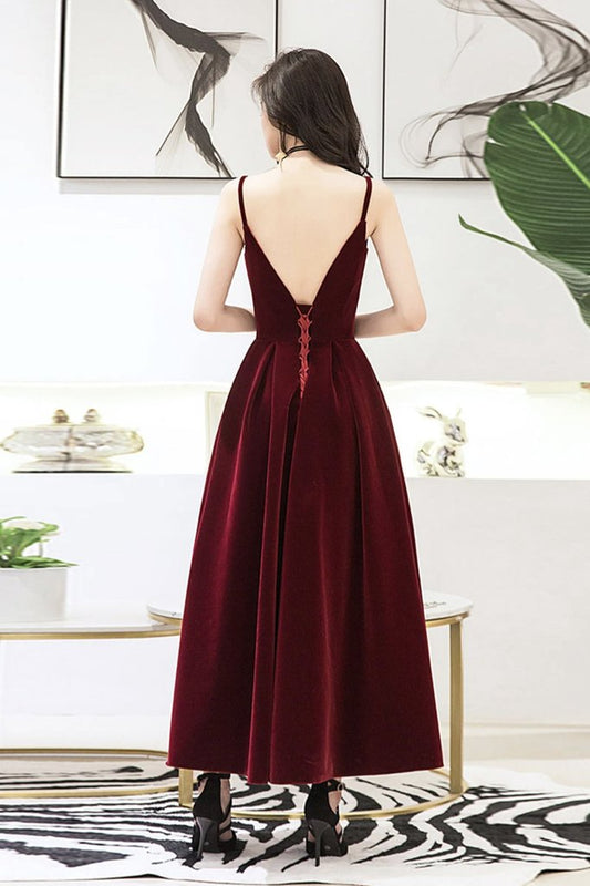 Wine Red Velvet Straps V-Neckline Party Dress, Long Burgundy Prom Dress Evening Dress cg19160