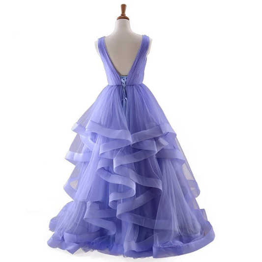 Lavender Tulle V-Neckline Layers Long Sweet 16 Dress, Light Purple Prom Dress Party Dress cg19681