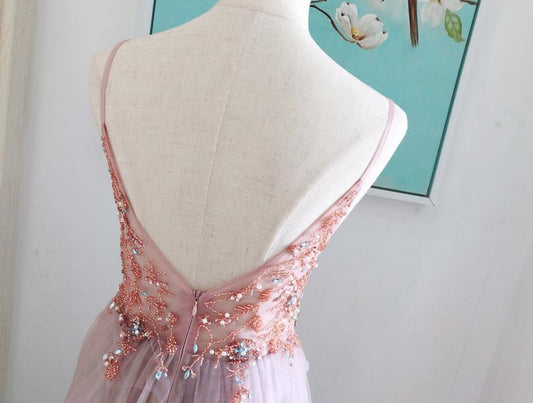 Tulle Pink Prom Dress With Slit Tulle Spaghetti Strap Jewelry Tulle Prom/Evening Dress Christmas Dress cg19796