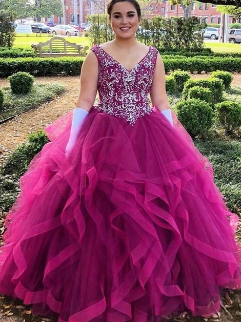 V-neck Ball Gown Asymmetry Fuchsia Tulle Quinceanera Dress with Beading,Ball Gown Long Prom Dress cg19848