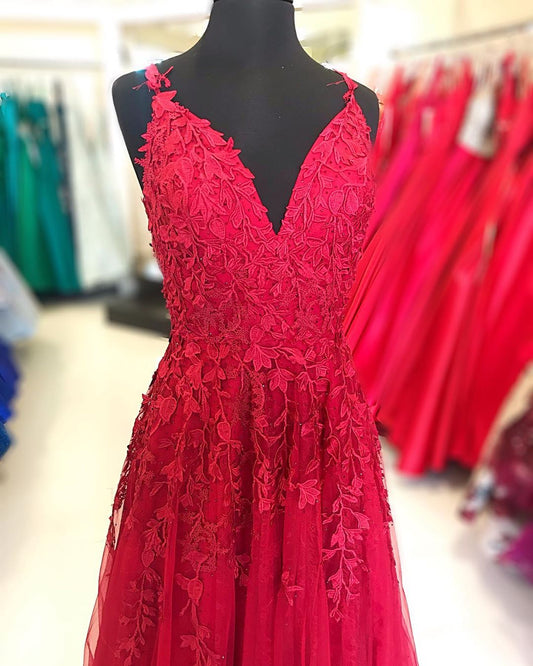 A-line Red Lace Long Prom Dress cg19855