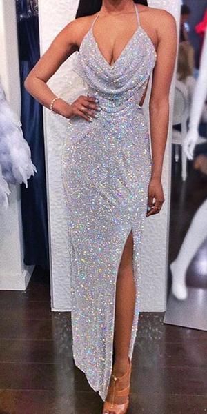 Sparkly Mermaid Sexy Backless Slit Sequin Prom Dresses cg19885