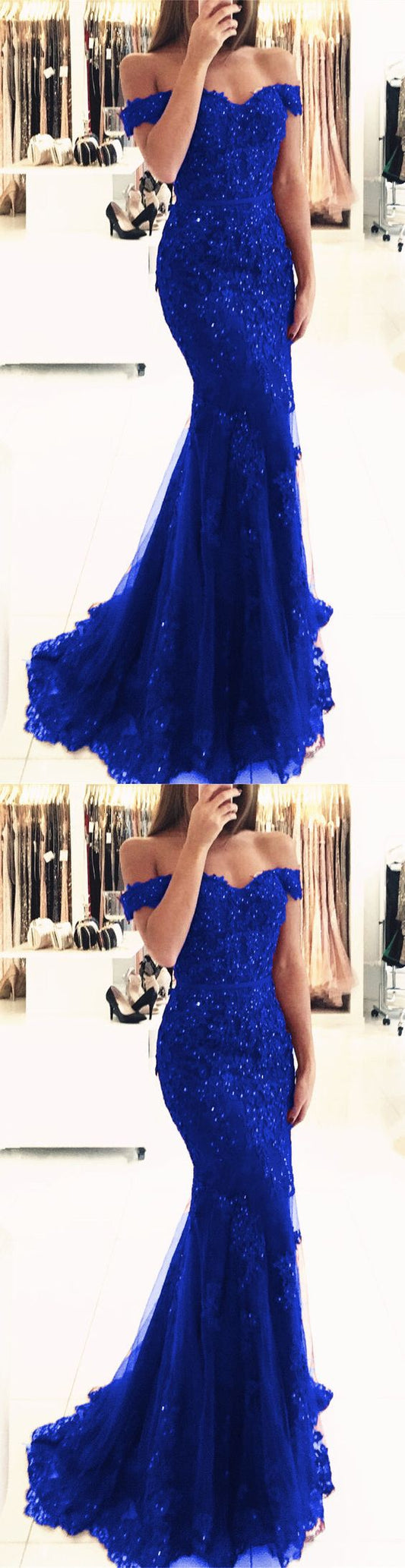royal blue lace mermaid evening dress off the shoulder prom dress cg2022