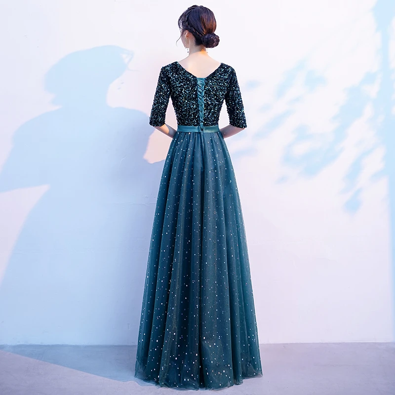 Green Sequins And Tulle Short Sleeves Long Bridesmaid Dress, Green A-Line Wedding Party Dress A line prom dress cg20332