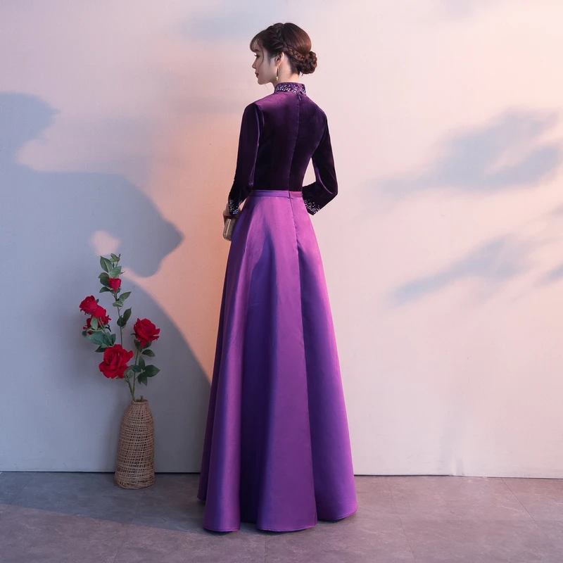 Dark Purple Satin Long Sleeves Beaded Velvet Bridesmaid Dress, Purple Formal prom Dress cg20522