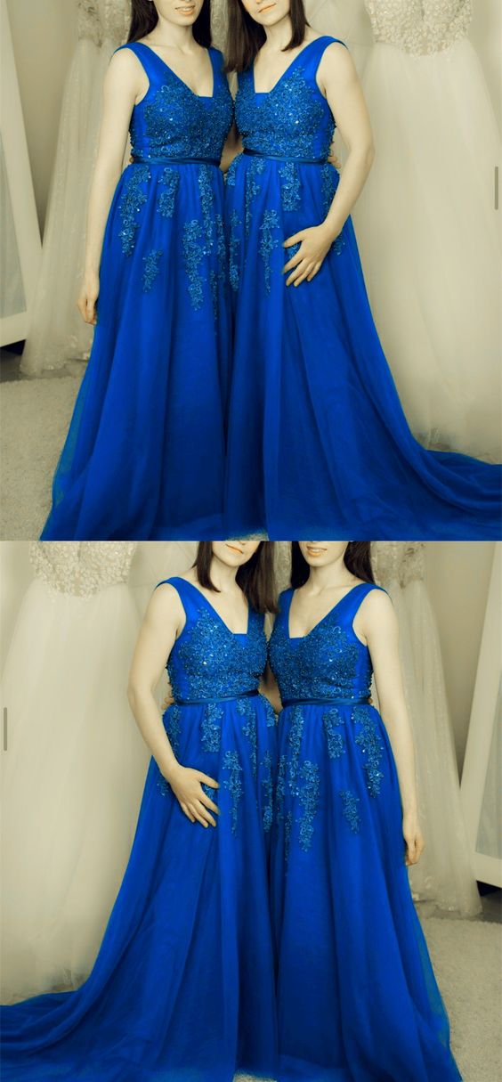 Prom Dresses Elegant Royal Blue Bridesmaid Dresses Lace Appliques V Neck cg20542