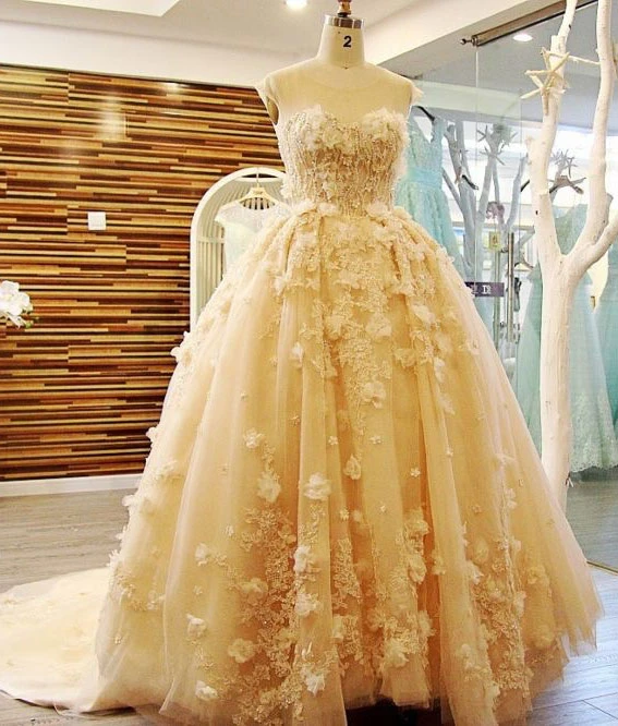 Tulle yellow Quinceanera Dresses Lace Appliques Ball Gowns prom dress cg20559